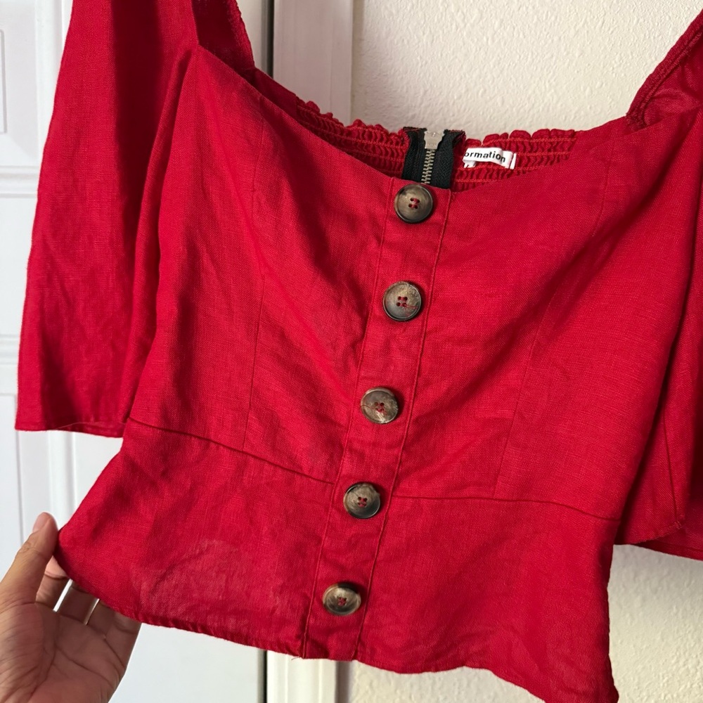 Reformation Red Linen Shell Button Up Square Neck… - image 3